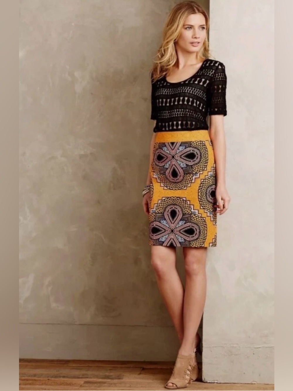 Maeve Clementina Pencil Skirt Size 6 Golden Orange Geometric Print Anthropologie